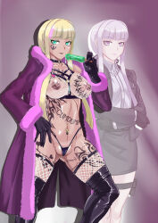  alma1128 before_and_after bimbofication blonde_hair body_writing breasts dangan_ronpa fishnets food ganguro kyoko_kirigiri multicolored_hair pink_hair popsicle sexually_suggestive simulated_fellatio skirt smile tattoo text  rating:explicit score: user:butterball