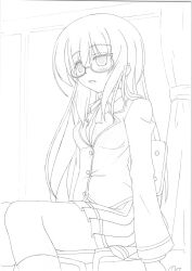 blush dazed empty_eyes expressionless femsub glasses greyscale long_hair monochrome ohazikihime open_mouth original school_uniform rating:Safe score:5 user:hypno