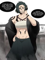 bandage body_markings clothed dialogue english_text evil_smile facial_markings female_only femsub green_hair jujutsu_kaisen mai_zenin maledom possession ryomen_sukuna short_hair smile solo text traner9 rating:Questionable score:9 user:Bootyhunter69