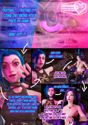 3d arcane blue_hair bottomless breasts caitlyn_(lol) comic dialogue jinx_(lol) league_of_legends nude purple_hair supercasket text topless rating:Questionable score:74 user:Drex_O