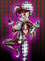 blonde_hair body_paint bodysuit breasts censored clown corruption female_only femsub hat large_breasts latex long_hair mask my nancy_lee_(ninja_slayer) ninja_slayer nipple_piercing piercing pussy smile solo text rating:Explicit score:10 user:Sleepyhead97