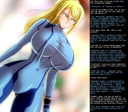 286c blonde_hair bodysuit breasts caption erect_nipples female_only femsub ghost13_(writer) glowing glowing_eyes huge_breasts icontrol_(manipper) large_breasts latex long_hair looking_at_viewer manip metroid_(series) nintendo ponytail samus_aran solo spiral_eyes symbol_in_eyes text zero_suit rating:Questionable score:211 user:Icontrol