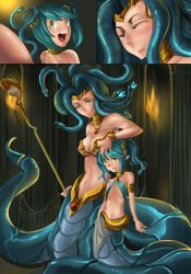 absurdres breasts cleavage comic elf_ears femsub gorgon hand_on_head happy_trance ibenz009 large_breasts long_hair midriff monster_girl open_mouth original slit_pupils snake snake_girl snake_hair staff twintails rating:Questionable score:70 user:sk00