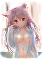 animal_ears blush cat_girl cleavage collarbone edcellwarrior_(manipper) empty_eyes femsub long_hair nightgown open_clothes pink_hair red_eyes smile white_hair rating:Explicit score:76 user:edcellwarrior