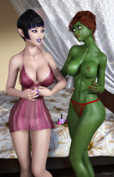 3d absurdres barefoot black_hair breasts cleavage dc_comics erect_nipples expressionless femsub green_skin hypnotic_accessory jayna jewelry large_breasts miss_martian multiple_girls purple_eyes purple_lipstick red_hair short_hair super_hero tiangtam topless unaware whitewash_eyes wonder_twins rating:Questionable score:53 user:daveyboysmith9