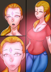 absurdres blonde_hair breasts cleavage comic crystal empty_eyes female_only femsub hypnotic_accessory large_breasts long_hair original ponytail solo zxc rating:Questionable score:42 user:TheGoodShank