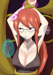 arms_above_head bondage breasts brown_eyes cleavage dialogue female_only femsub glasses hard_translated large_breasts lorelei na_shacho nintendo pendulum pokemon pokemon_(creature) pokemon_firered_and_leafgreen red_hair text translated rating:Questionable score:28 user:Zyfire