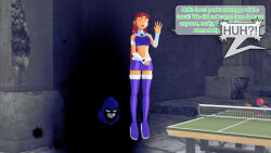 aware cloak closed_eyes clothed dc_comics dialogue dogdog english_text female_only floating goth grey_skin magic multiple_girls portals purple_eyes raven red_hair starfire text rating:Safe score:1 user:Bootyhunter69