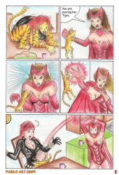 black_widow breasts brown_hair cat cat_girl comic furry large_breasts latex long_hair magic marvel_comics red_hair sketch super_hero text the_avengers tiger_girl tigra traditional wanda_maximoff western rating:Questionable score:7 user:hypno