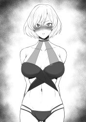 absurdres arms_behind_back bare_shoulders blush breasts clothed empty_eyes expressionless female_only femsub gridman_universe large_breasts looking_at_viewer mujina_(gridman) navel pswaller short_hair solo ssss.dynazenon standing swimsuit rating:Questionable score:22 user:JustChilling
