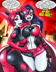 absurdres alternate_costume batman_(series) breasts corruption dc_comics female_only femdom femsub happy_trance harley_quinn huntress large_breasts multicolored_hair open_mouth smile super_hero text tongue western zorro-zero rating:Safe score:105 user:zorro
