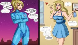 before_and_after blonde_hair blue_eyes blush bodysuit breasts cleavage denial domestication dress earrings english_text female_only femsub happy_trance housewife jewelry large_breasts long_hair metroid_(series) necklace nintendo polmanning ponytail samus_aran smile speech_bubble stepfordization text zero_suit rating:Safe score:230 user:PolManning
