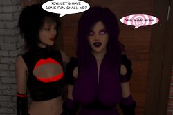 3d amaryst_(theheckle) breasts costume dialogue female_only femsub hypnotic_kiss kissing kisstress_(theheckle) large_breasts latex lipstick_mark original purple_hair spiral_eyes symbol_in_eyes text theheckle rating:Questionable score:26 user:theheckle