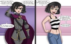 armor before_and_after bell black_hair breasts cape cassandra_(tangled) denial dialogue disney female_only femsub green_eyes hand_on_hip happy_trance jeans large_breasts open_mouth polmanning short_hair smile solo sword tangled text western rating:Questionable score:75 user:PolManning