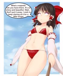 bikini breasts brown_hair expressionless female_only femsub glowing glowing_eyes icontrol_(manipper) manip miyo_(ranthath) navel reimu_hakurei short_hair  small_breasts solo text touhou rating:questionable score: user:icontrol