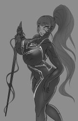 alien alternate_costume androgynous_dom blush breasts corruption crossover eve_(stellar_blade) femsub grey_background greyscale large_breasts living_costume long_hair marvel_comics open_mouth parasite ponytail possession rikatsuky simple_background spear spider-man_(series) stellar_blade symbiote venom_(marvel) weapon rating:Explicit score:25 user:AngryMan