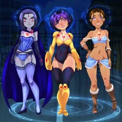 absurdres avatar_the_last_airbender big_hero_6 brown_hair crossover dark_skin dc_comics erohd female_only femsub gogo_tomago happy_trance heart heart_eyes high_heels hypnotic_accessory katara lingerie multicolored_hair multiple_girls nickelodeon purple_hair raven short_hair super_hero symbol_in_eyes teen_titans underwear western rating:Questionable score:306 user:daveyboysmith9