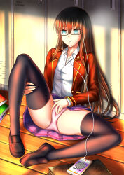 absurdres anmin_daiteitoku blue_eyes empty_eyes expressionless femsub glasses long_hair masturbation original red_hair skirt trw18 rating:explicit score: user:mokoumoe