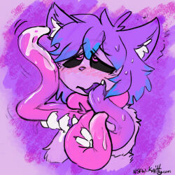androgynous androgynous_only androgynous_sub animal_ears animals_only black_sclera blue_hair blush brain_drain caption cat cat_boy cat_ears claws comic corruption dialogue drool english_text furry gradient_text happy_trance heart heart_eyes hypnotic_tentacle kaitty_(kaittycat) kaittycat long_tongue male_only malesub monster multicolored_hair open_mouth original parasite paws pink_background pink_eyes purple_background purple_eyes purple_hair scarf sharp_teeth simple_background solo symbol symbol_in_eyes tentacles text tongue tongue_out topless transformation rating:Explicit score:49 user:PreggiePie
