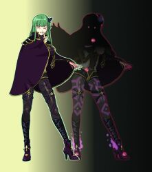 aura before_and_after cape cleavage_cutout closed_eyes covering fire_emblem fire_emblem_echoes fire_emblem_mystery_of_the_emblem gold green_hair hair_ornament headband high_heels isobe_roll large_breasts long_hair nail_polish nintendo open_mouth palla_(fire_emblem) pink_eyes pink_sclera shoulder_pads simple_background smile tagme thighhighs rating:Questionable score:8 user:wokeat4am