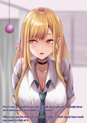 amagiri_miki blonde_hair blush breasts choker cleavage collarbone earrings empty_eyes expressionless femsub hard_translated large_breasts long_hair maledom marin_kitagawa my_dress-up_darling open_mouth pendulum red_eyes school_uniform text tie tongue translated rating:Safe score:18 user:roseateheart