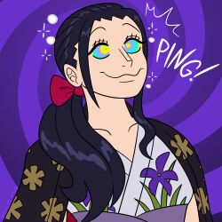  absurdres black_hair clothed collarbone female_only femsub hair_ribbon happy_trance kaa_eyes long_hair maggotmike nico_robin one_piece ping ponytail smile solo spiral_background  rating:safe score: user:maggotmike