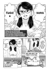 aeni9ma breasts comic exhibitionism female_only femsub glasses greyscale happy_trance hard_translated headphones livestream original text topless translated twintails unaware rating:Questionable score:44 user:Mindwipe