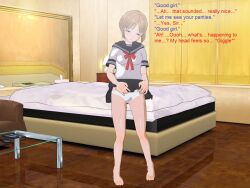 3d 3d_custom_girl bare_legs barefoot bed bimbofication blue_eyes breasts brown_hair feet femsub good_sub_conditioning henshin-san hypnotic_drug maledom panties school_uniform short_hair skirt skirt_lift text rating:Questionable score:9 user:RayX