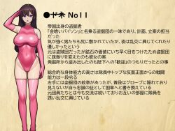 bare_shoulders bonney_(torazu) breasts brown_hair character_profile empty_eyes female_only femsub gloves japanese_text large_breasts latex leotard long_hair open_mouth original purple_eyes saluting solo text thick_thighs thigh_boots thighhighs torazu translated rating:Questionable score:3 user:VortexMaster