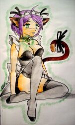 animal_ears breasts cat_girl chastityangel dazed empty_eyes expressionless feet femsub hypnotic_accessory large_breasts maid purple_hair short_hair thighhighs traditional rating:questionable score: user:hypno