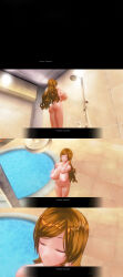 3d absurdres bottomless breasts brown_hair comic custom_maid_3d_2 female_only hard_translated kamen_writer_mc large_breasts nude rika_(made_to_order) shower tech_control text topless translated rating:Questionable score:8 user:Salinus