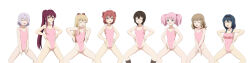 absurdres akari_akaza ayano_sugiura blonde_hair blue_hair chinatsu_yoshikawa chitose_ikeda femsub haigure happy_trance himawari_furutani kyoko_toshino leotard multiple_girls pink_hair red_hair sakurako_omuro spread_legs white_hair yui_funami yuruyuri rating:Questionable score:4 user:Sleepyhead97