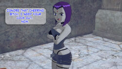 choker clothed dc_comics dialogue dogdog english_text female_only femsub fishnets gloves goth grey_skin purple_eyes purple_hair raven solo text rating:Explicit score:3 user:Bootyhunter69