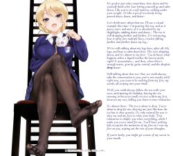  blonde_hair blue_hair caption caption_only chair cle_masahiro darjeeling_(girls_und_panzer) feet femdom girls_und_panzer hypnofyre_(manipper) legs manip pantyhose ponytail pov pov_sub sitting skirt text thighhighs  rating:safe score: user:hypnofyre