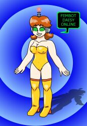 antenna breasts brown_hair female_only fembot femsub happy_trance headphones hypnotic_accessory large_breasts latex leotard nintendo princess princess_daisy robotization short_hair solo spiral_eyes super_mario_bros. supertechno324 symbol_in_eyes tech_control text rating:Questionable score:39 user:SuperTechno324