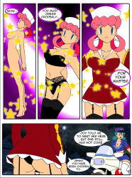 before_and_after breasts comic dialogue empty_eyes evil_smile expressionless femsub green_hair happy_trance jimryu large_breasts lingerie long_hair maledom mewtwo nintendo nurse_joy officer_jenny pink_hair pokemon pokemon_(anime) smile standing standing_at_attention text thighhighs topless transformation underwear rating:Questionable score:71 user:hypno