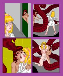 ahegao arms_above_head bestiality blonde_hair blush bottomless breast_fondling breasts brown_hair comic cum cum_in_pussy drool femsub glasses headband hypnotic_eyes lab_coat looking_at_viewer mspainter non-human_penis nude open_mouth penis pubic_hair sex simple_background snake snake_penis tongue tongue_out topless rating:Explicit score:73 user:MSPAINTer