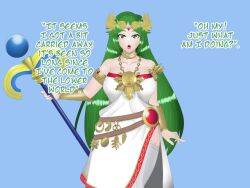 clothed dialogue goddess green_eyes green_hair hard_translated kid_icarus konnandakke open_mouth palutena staff text translated  rating:safe score: user:bootyhunter69