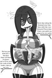 absurdres dazed disguised_hypnotist drool femsub greyscale happy_trance long_tongue memetic_control monochrome my_hero_academia spiral_eyes symbol_in_eyes text tongue tongue_out tsuyu_asui rating:Questionable score:113 user:DisguisedHypnotist