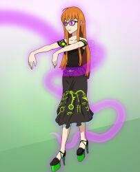 dress empty_eyes female_only femsub futaba_sakura glasses glowing glowing_eyes high_heels long_hair orange_hair persona_(series) persona_5 skirt violetaz zombie_walk rating:questionable score: user:violetaz