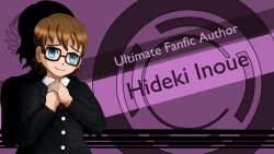  absurdres blackwidowx blue_eyes brown_hair dangan_ronpa femsub glasses hideki_(hideki_inoue) original text  rating:questionable score: user:hideki_inoue