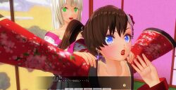 3d blue_eyes breasts brown_hair dialogue female_only femsub green_eyes japanese_clothing kamen_writer_mc kimono large_breasts mc_trap_town multiple_girls multiple_subs ponytail screenshot spiral_eyes symbol_in_eyes text translated twintails white_hair rating:Questionable score:4 user:Amazingbrahjr