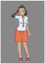 absurdres blush doggos_doujins femsub fingerless_gloves gloves multicolored_hair nemona_(pokemon) nintendo orange_eyes pokemon pokemon_scarlet_and_violet ponytail shoes shorts simple_background tie uniform rating:Safe score:18 user:Zzzzzulu