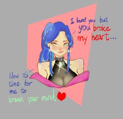  blue_hair cleavage collar dialogue femdom heart hypnotic_accessory hypnotized_dom jewelry long_hair original pov_sub simple_background tagme text wsn  rating:questionable score: user:wilsonsn