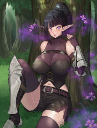 bare_shoulders black_hair blush breasts elf elf_ears female_only femsub gloves hypnotic_gas hypnotic_plant kkamja large_breasts long_hair midriff navel open_mouth original ponytail sweat rating:Questionable score:36 user:Whisper