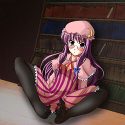 blush cum cum_on_feet drool expressionless feet glasses hat long_hair open_mouth pantyhose patchouli_knowledge purple_eyes purple_hair spread_legs touhou yumi398 rating:Questionable score:2 user:hypno