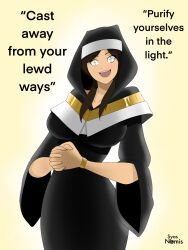 absurdres breasts brown_hair cross female_only femsub glowing happy_trance large_breasts long_hair looking_at_viewer mia_takachi nun original pov purification signature smile solo standing syas-nomis symbol_in_eyes text tongue yellow_background rating:Questionable score:59 user:Cygant