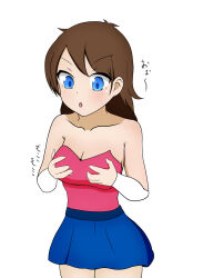 avenging_spirit bare_shoulders blue_eyes blue_skirt blush breasts brown_hair ele femsub groping holding_breasts long_hair maledom open_mouth possession simple_background skirt transformation transgender rating:questionable score: user:grandmaster37