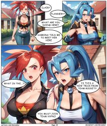 ai_art blue_hair clair devianbar dialogue flannery large_breasts long_hair nintendo pokemon red_hair team_hypno text rating:Questionable score:4 user:Proyecto38