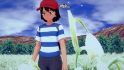 ash_ketchum aware backpack black_hair clothed dialogue male_only mustardsauce orange_eyes outdoors pokemon pokemon_(anime) solo text rating:Explicit score:2 user:Bootyhunter69